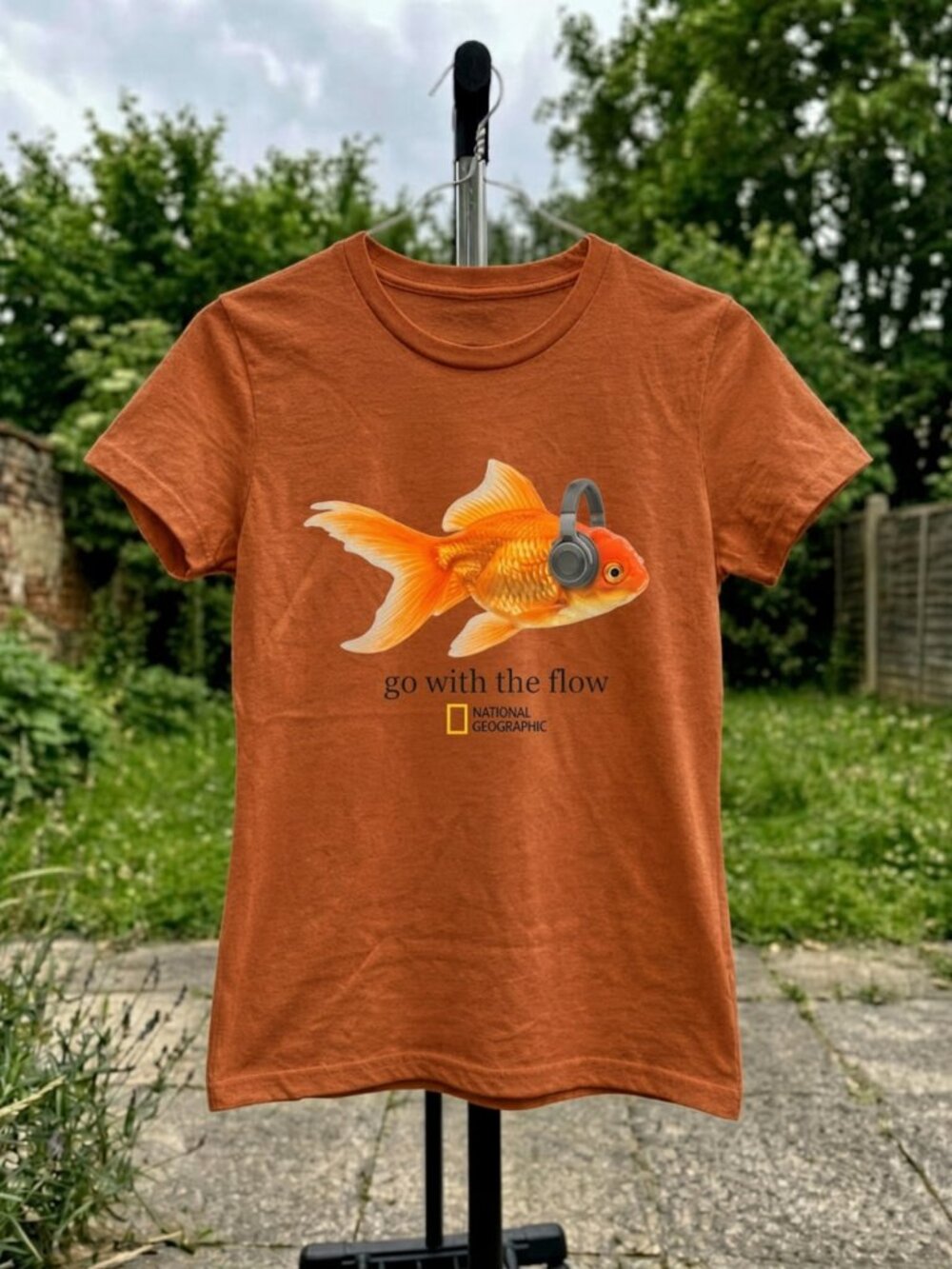 Goldfish Headphones Go With The Flow Funny Graphic T-Shirt Gildan Women Tee